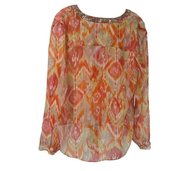 Chicos Summer Ikat Moria Top Sheer Sequin Front Tie V Neck Orange Size 1 US M - Picture 4 of 7